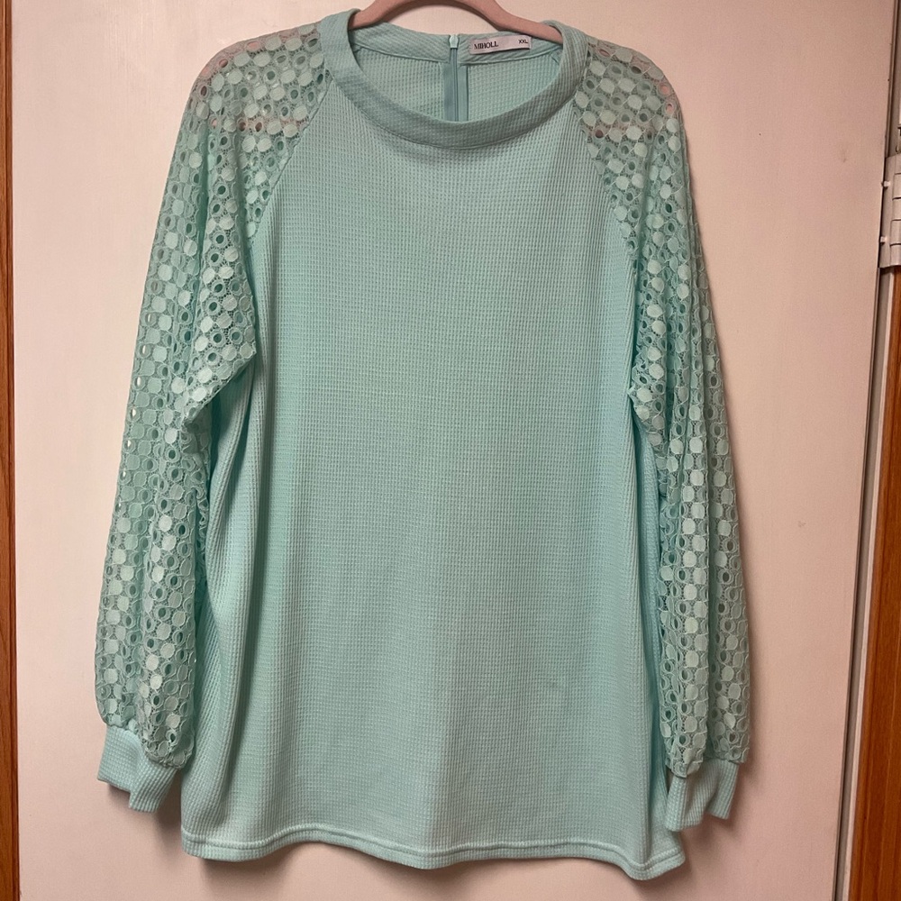 Light Green Blouse with Lace Sleeves